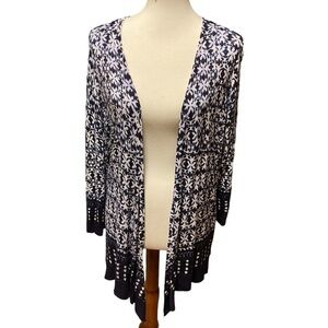 Roz & Ali Blue and White Patterned Draped Front Open Cardigan